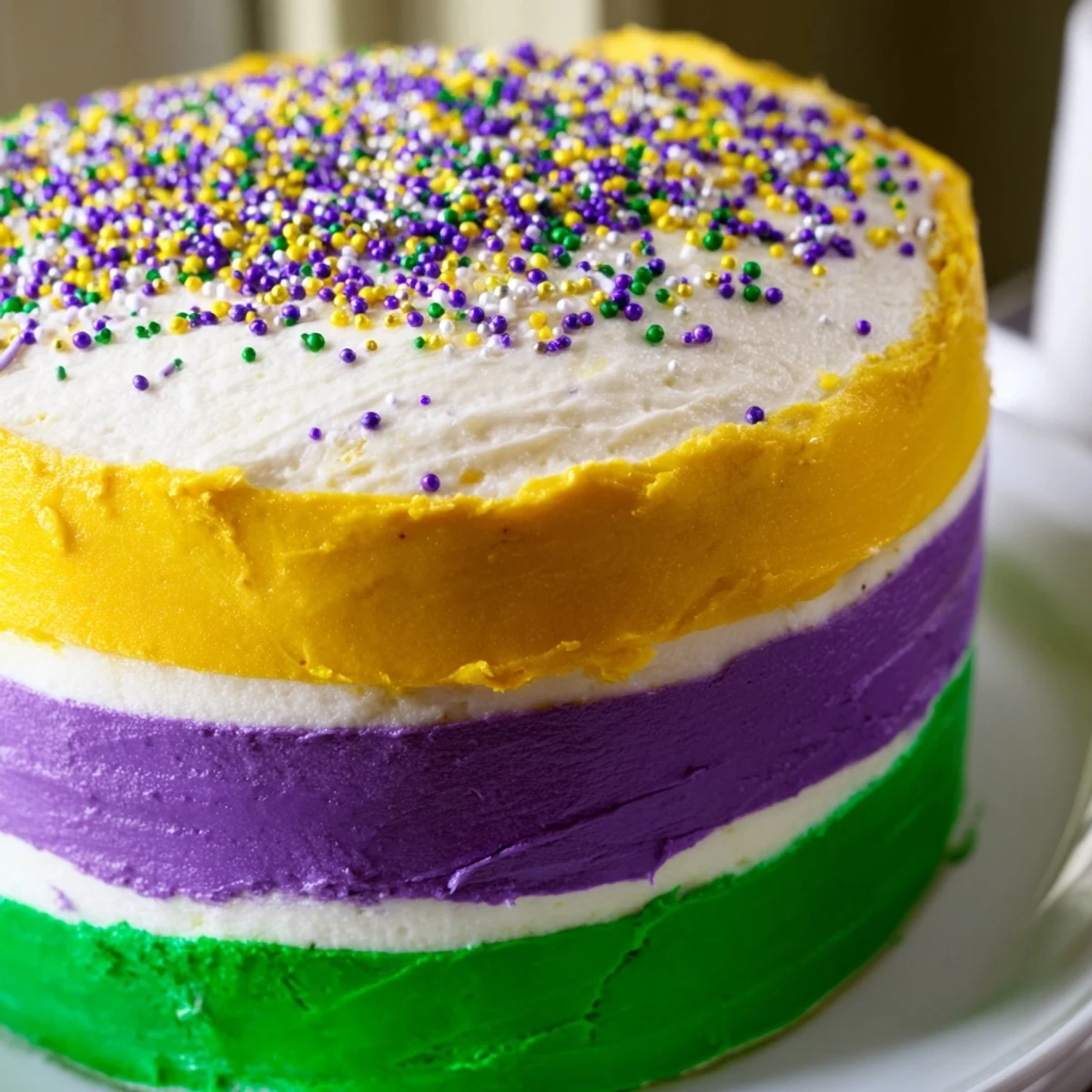 Slice of moist Mardi Gras Cake with Tricolor Icing revealing soft vanilla layers, ready to serve with colorful decorations.