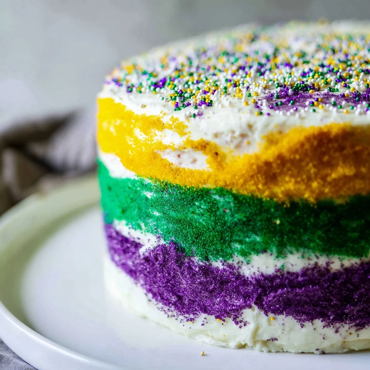 Freshly baked Mardi Gras Cake with Tricolor Icing on a festive table, showcasing vibrant purple, green, and gold buttercream swirls.