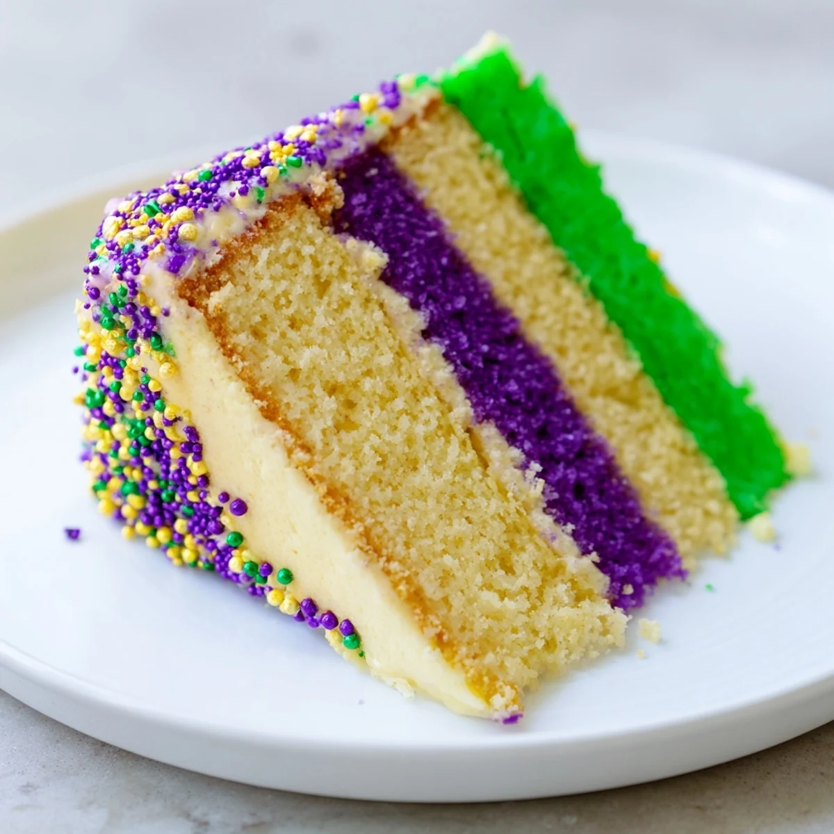 Close-up of a Mardi Gras Cake with Tricolor Icing featuring glossy purple, green, and gold frosting and a festive surprise.