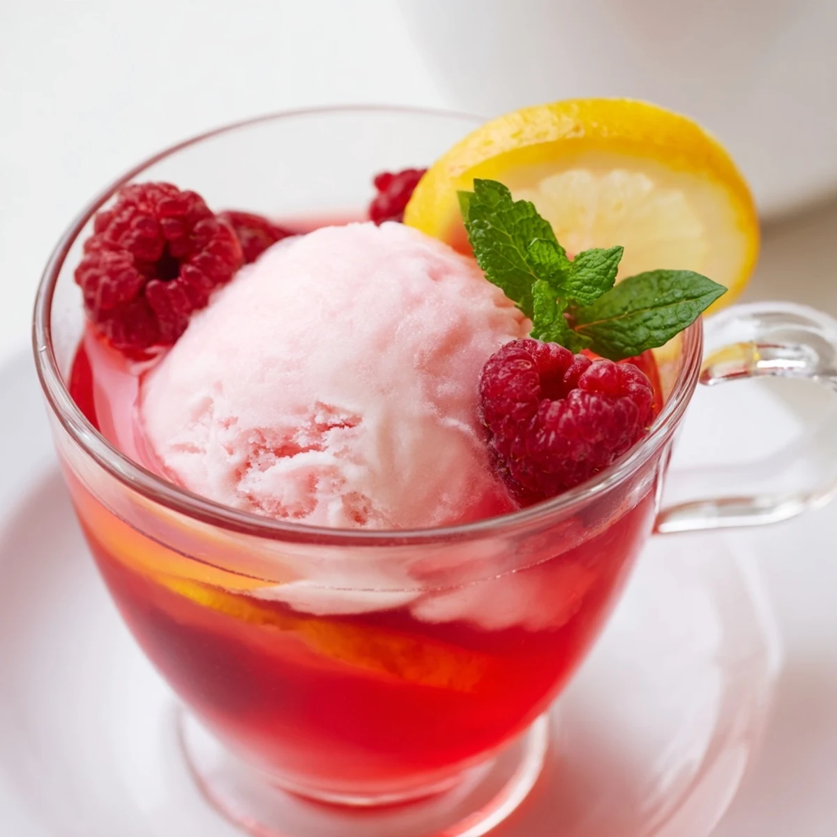 Bright pink punch with raspberry sherbet floating on top, surrounded by fresh raspberries and lemon slices at a festive gathering. 