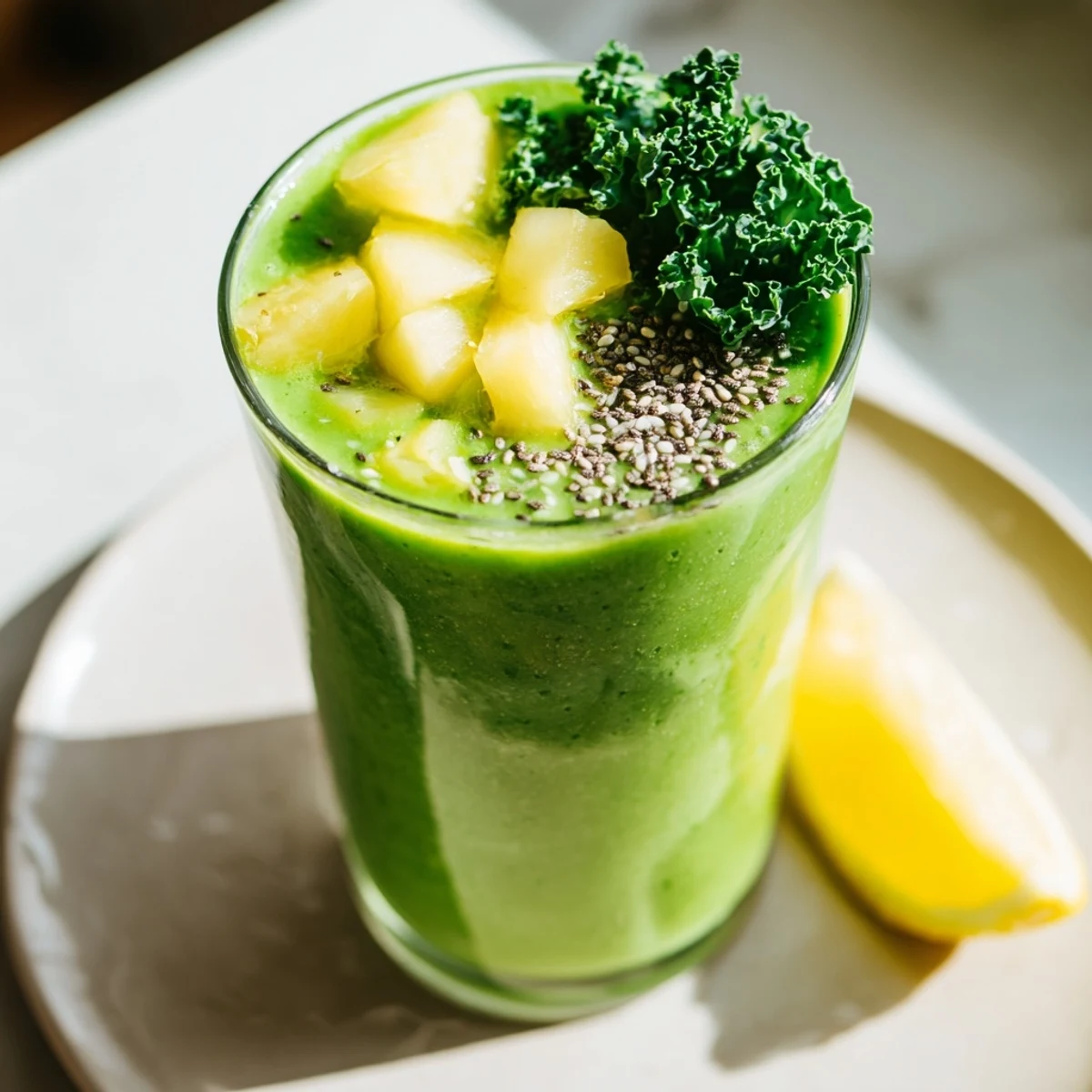 A glass of green smoothie with kale and pineapple, featuring a creamy banana base and chia seeds.