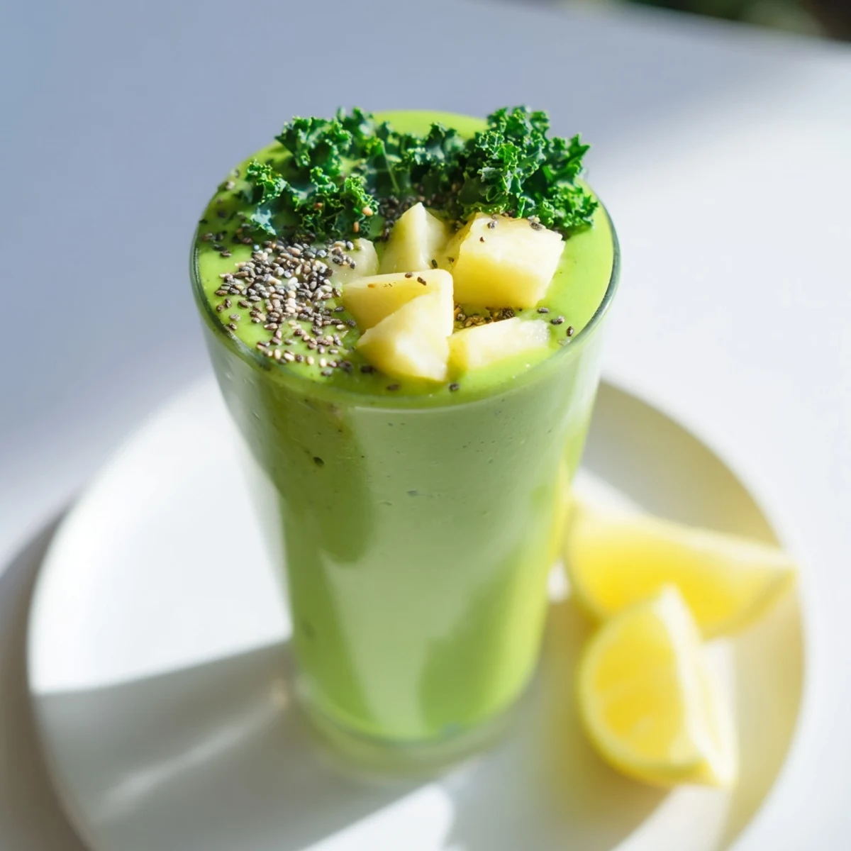 A tall glass of vibrant green smoothie with kale and pineapple, garnished with fresh fruit.