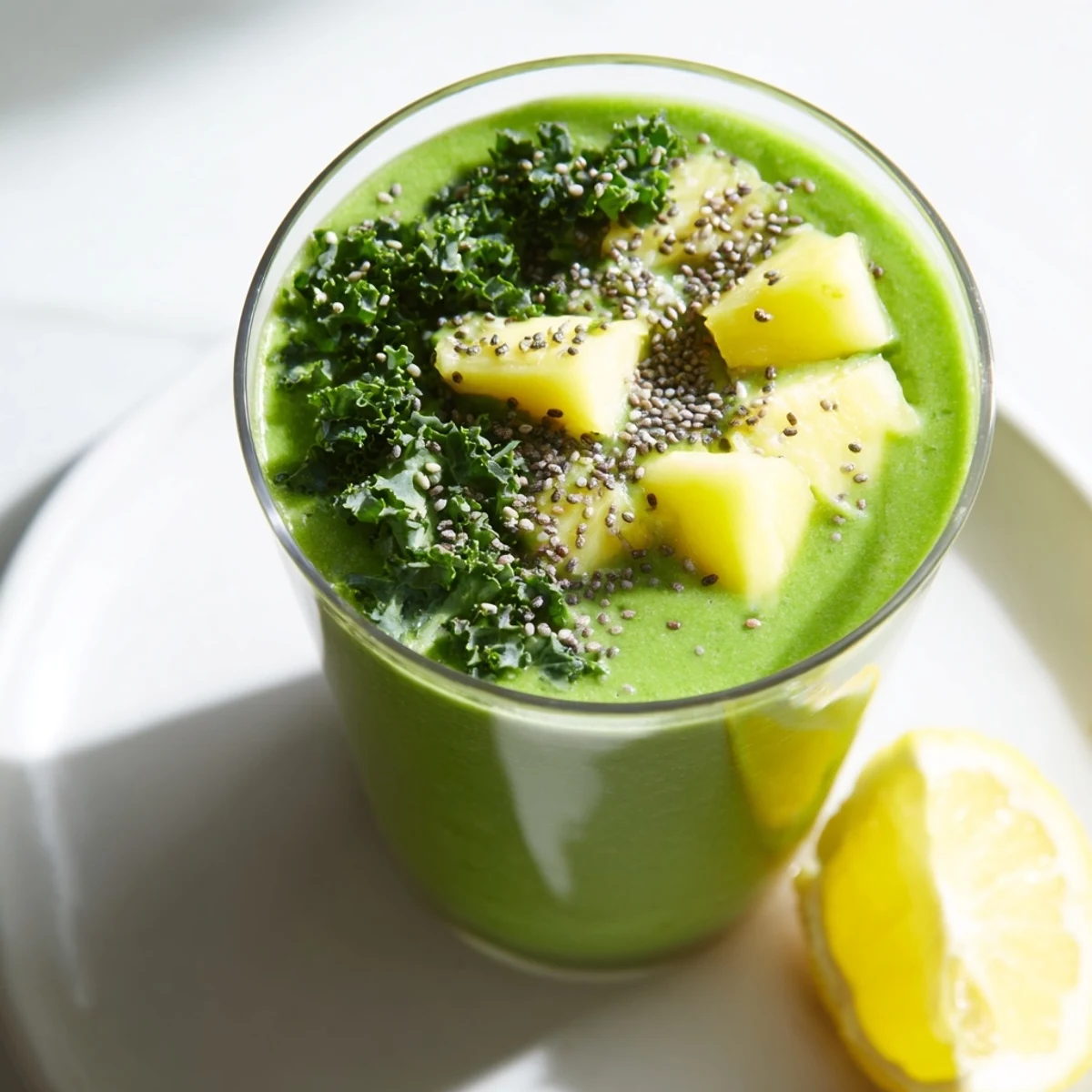 A refreshing green smoothie with kale and pineapple, poured into a glass beside fresh ingredients.