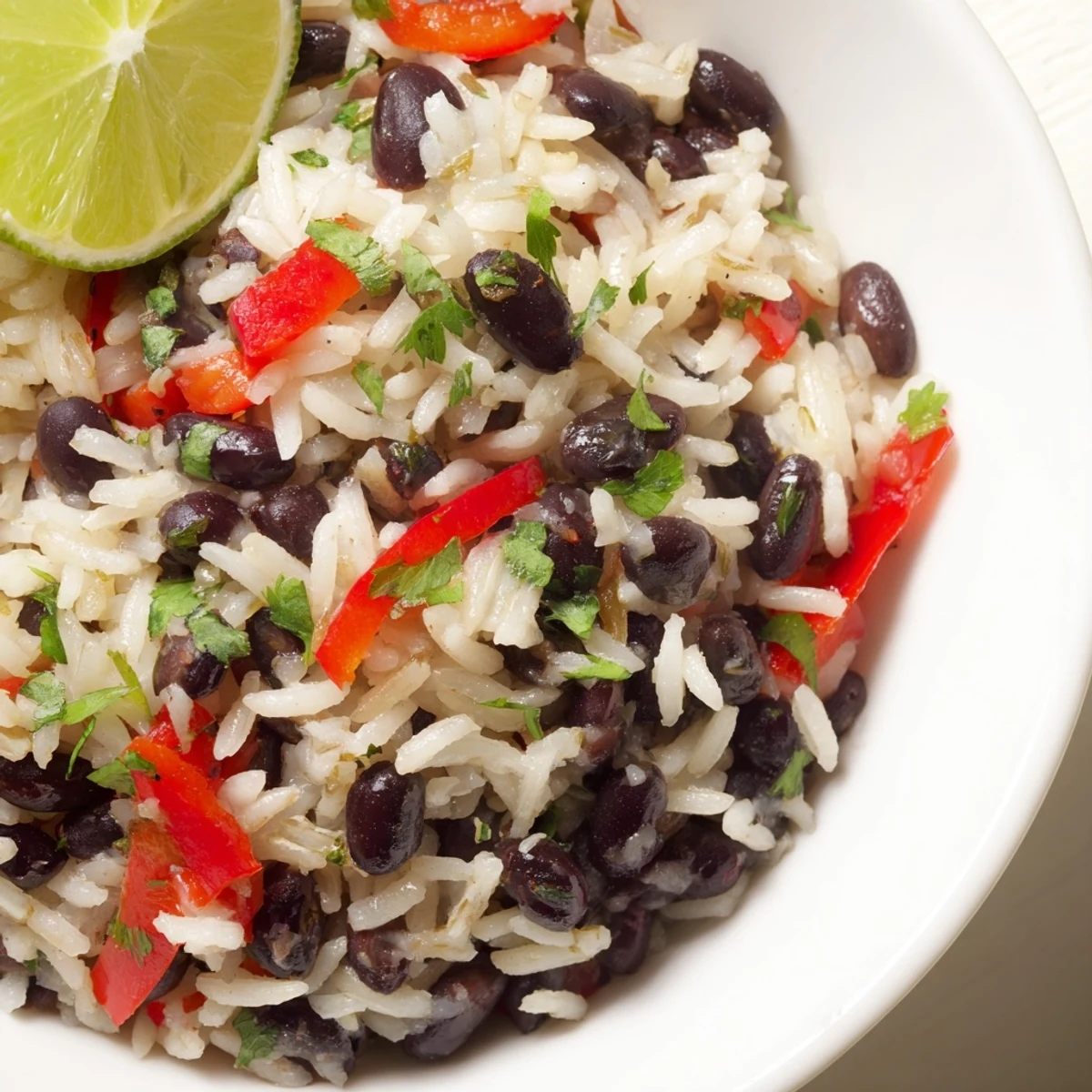 Hearty Rice and Beans with Spices, served in a skillet with a dollop of vegan yogurt and avocado.