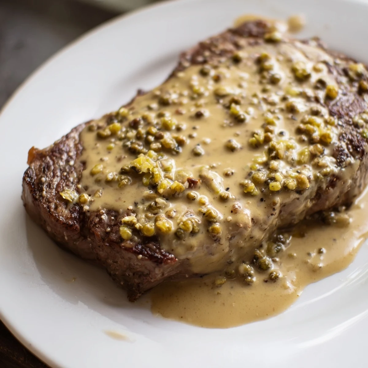 Sizzling ribeye steak topped with creamy peppercorn sauce, served with mashed potatoes and fresh thyme.