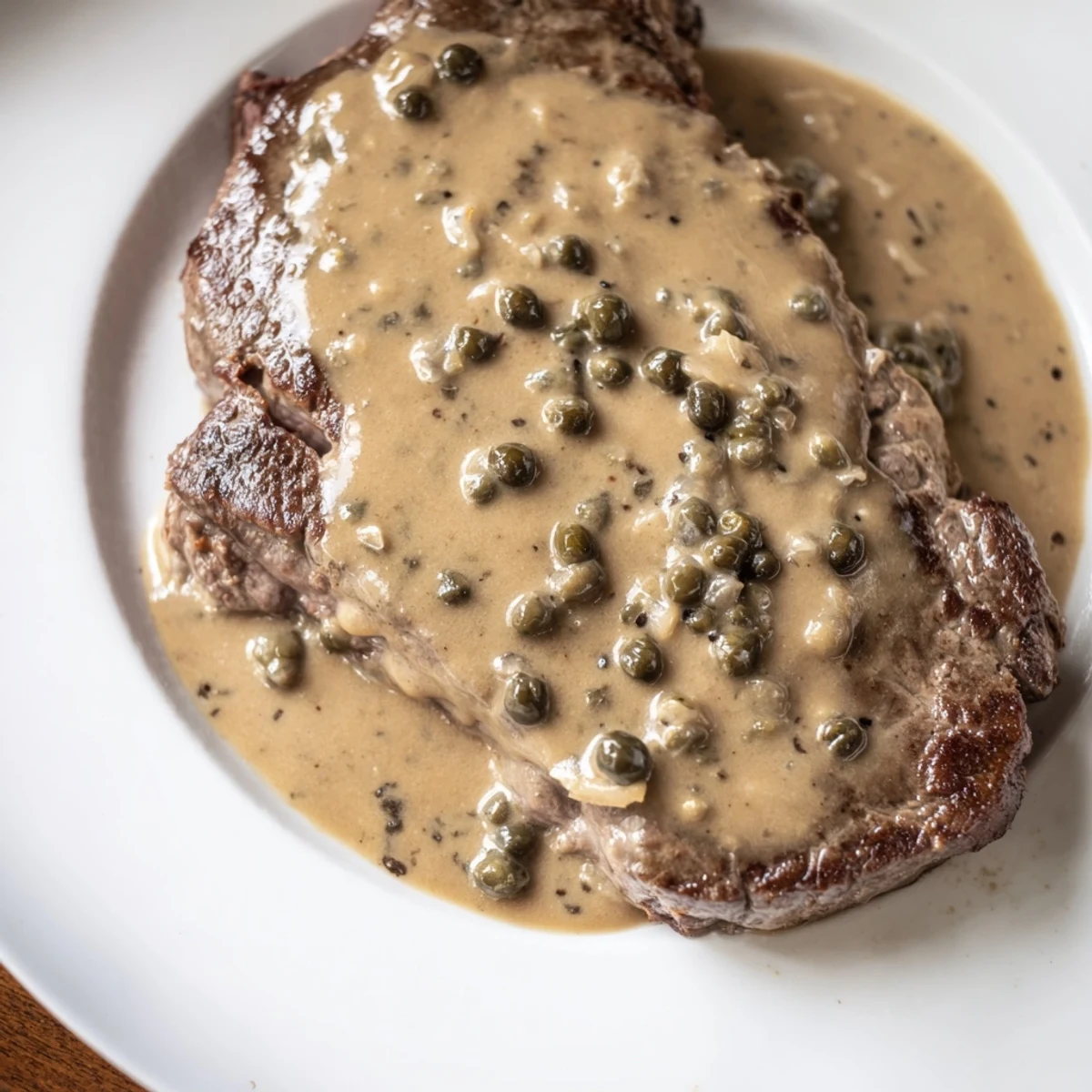 Perfectly cooked steak with peppercorn sauce on a rustic wooden board, paired with crispy French fries.