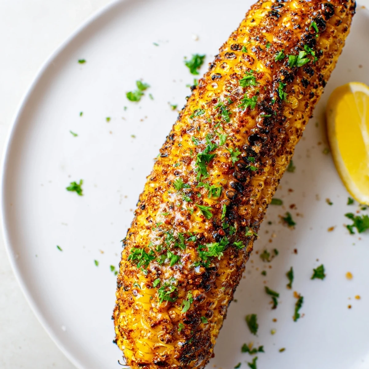 Grilled Corn on the Cob with Cajun Spices topped with parsley and lemon wedges on a rustic wooden platter.