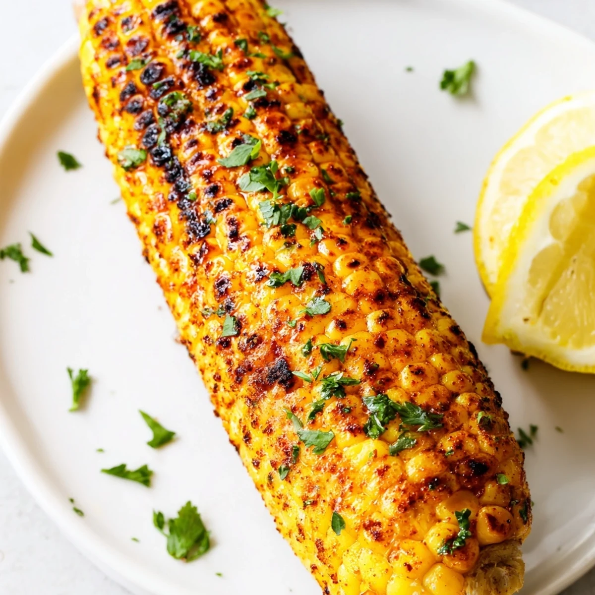 Summer Corn on the Cob with Cajun Spices served with melted butter and zesty lemon wedges on a grill.