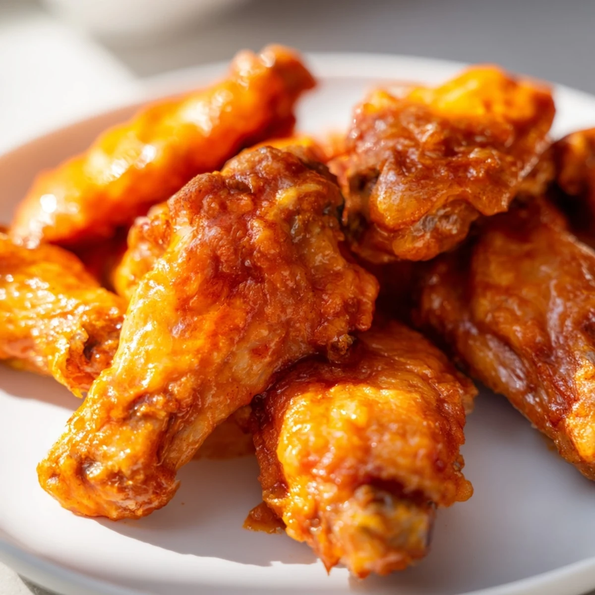 Freshly tossed Chicken Wings with Buffalo sauce on a white platter, garnished with celery and blue cheese dip.