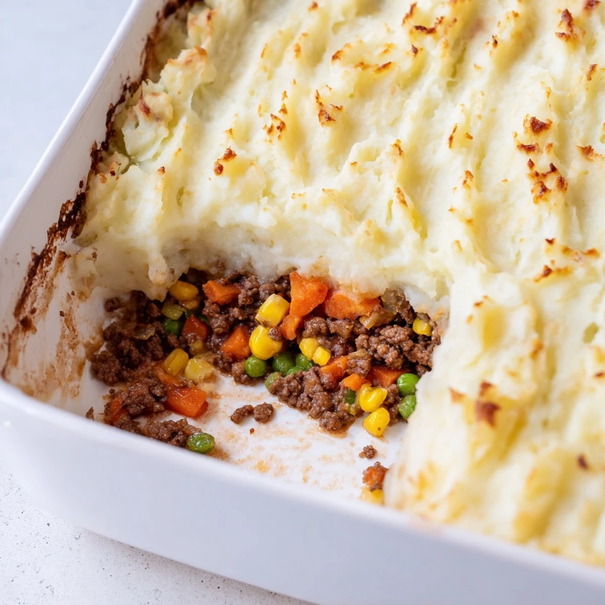 Golden-baked Shepherd's Pie with Ground Beef, featuring a bubbling, creamy mashed potato topping on a rustic casserole dish.