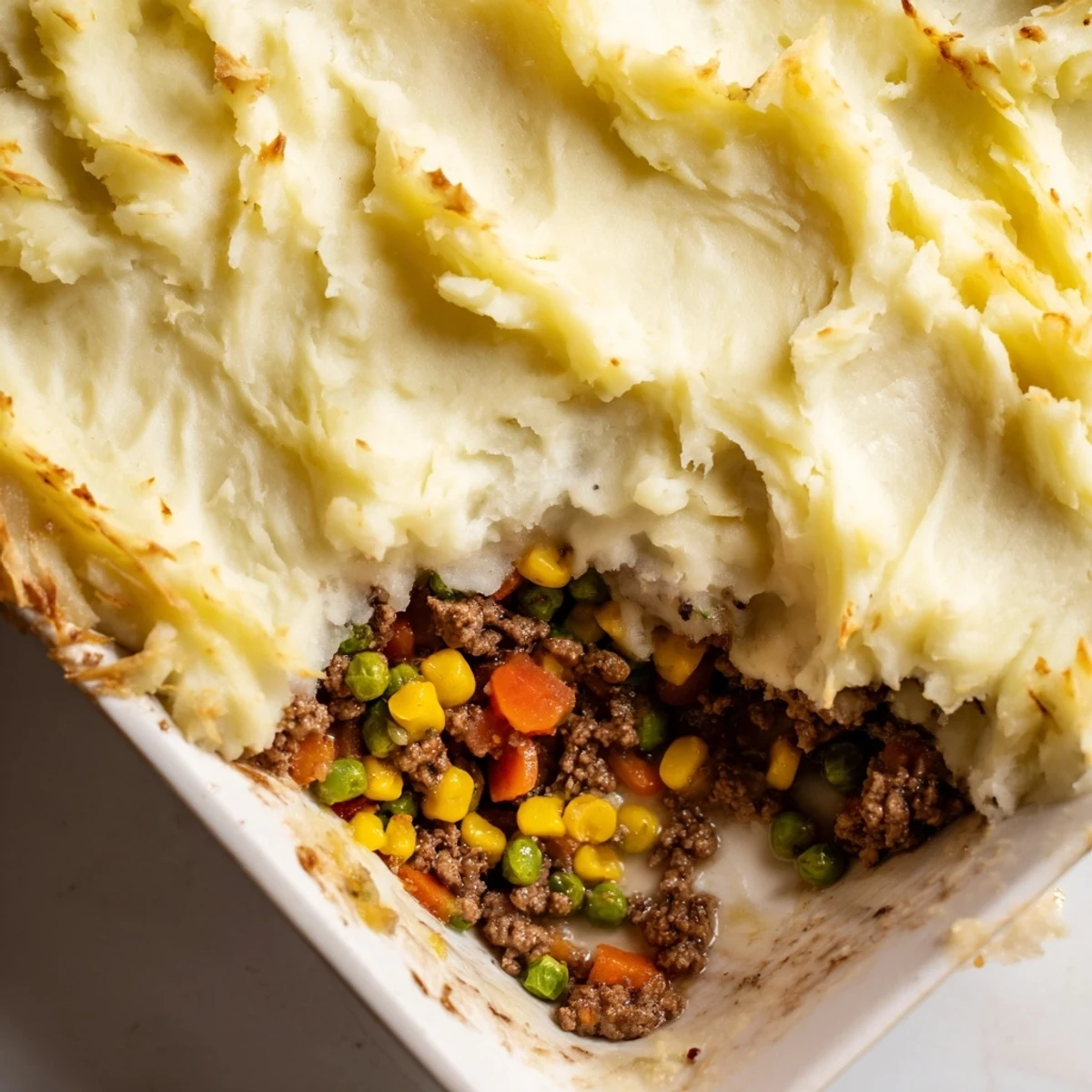 A hearty serving of Shepherd's Pie with Ground Beef, plated with a side salad and fresh parsley garnish.
