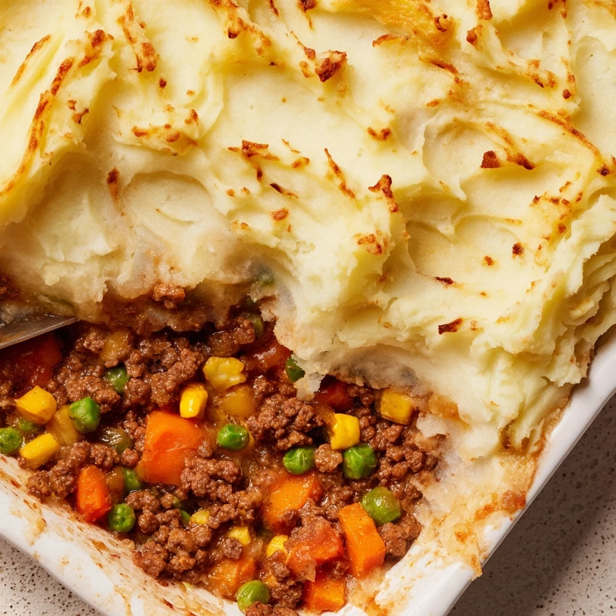 Close-up on the Shepherd's Pie with Ground Beef, highlighting the fork-textured, cheesy potato crust and savory beef filling.