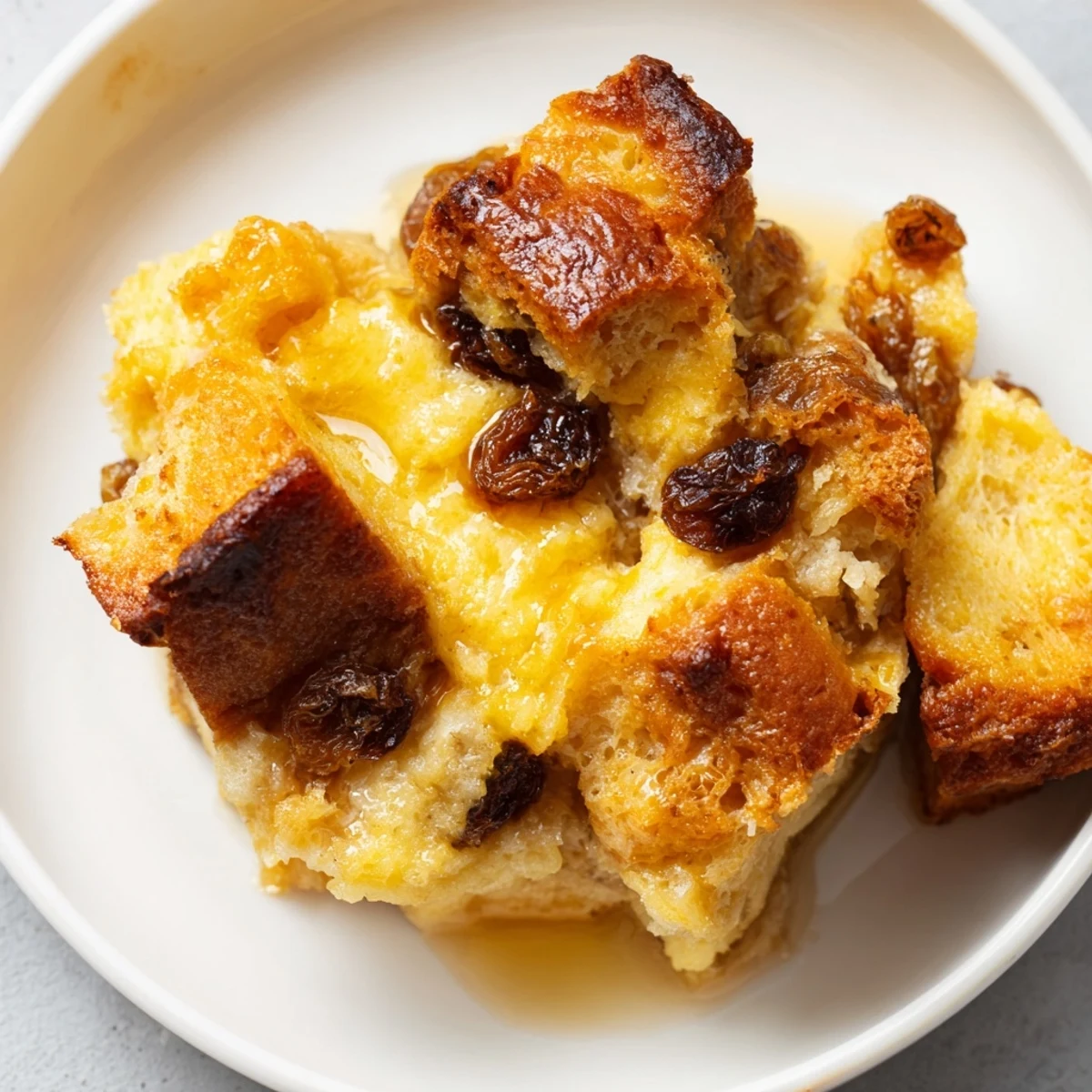 Creamy bread pudding with raisins baked golden in a baking dish, served warm with a drizzle of cream.  