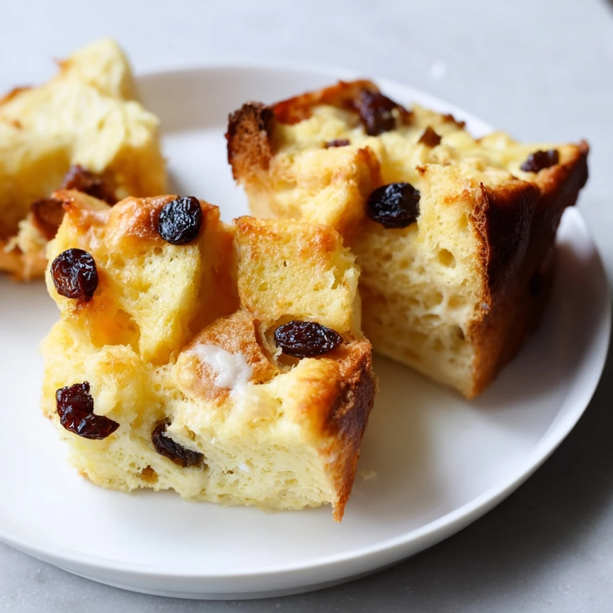Comforting slice of bread pudding with plump raisins and a dusting of powdered sugar on a rustic plate.  