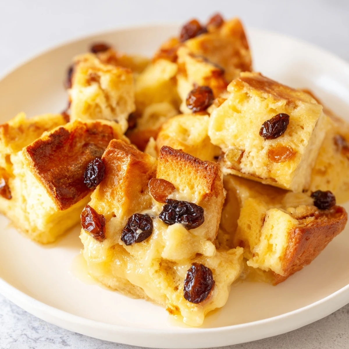 Golden bread pudding with raisins in a white dish, garnished with cinnamon and served with vanilla ice cream.
