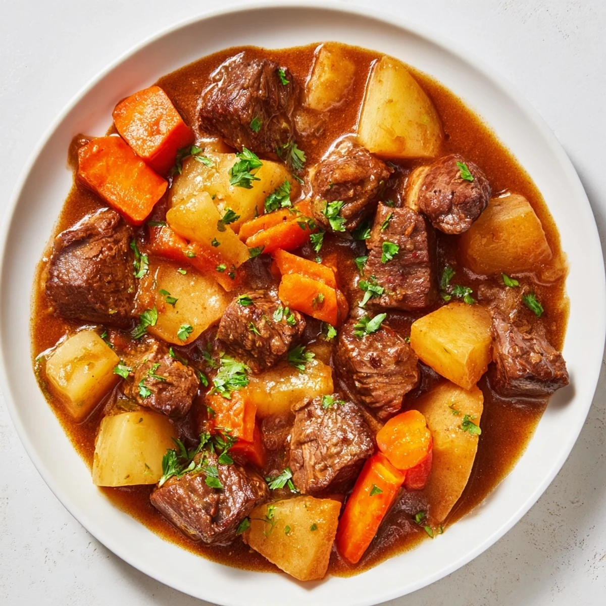 Hearty beef stew with carrots, potatoes, and parsnips in a deep red wine-infused sauce.  