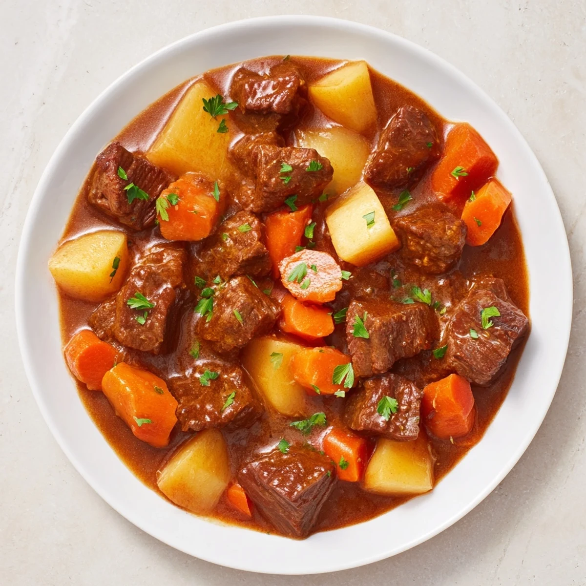 Tender beef cubes and root vegetables simmered in a rich, savory broth, garnished with fresh parsley.  
