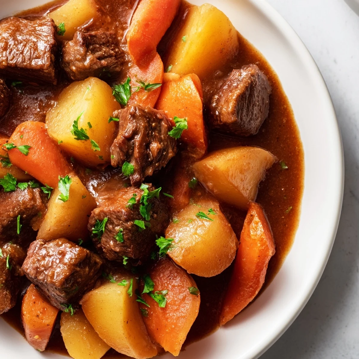 A comforting bowl of beef stew with root vegetables, perfect with crusty bread for dipping.