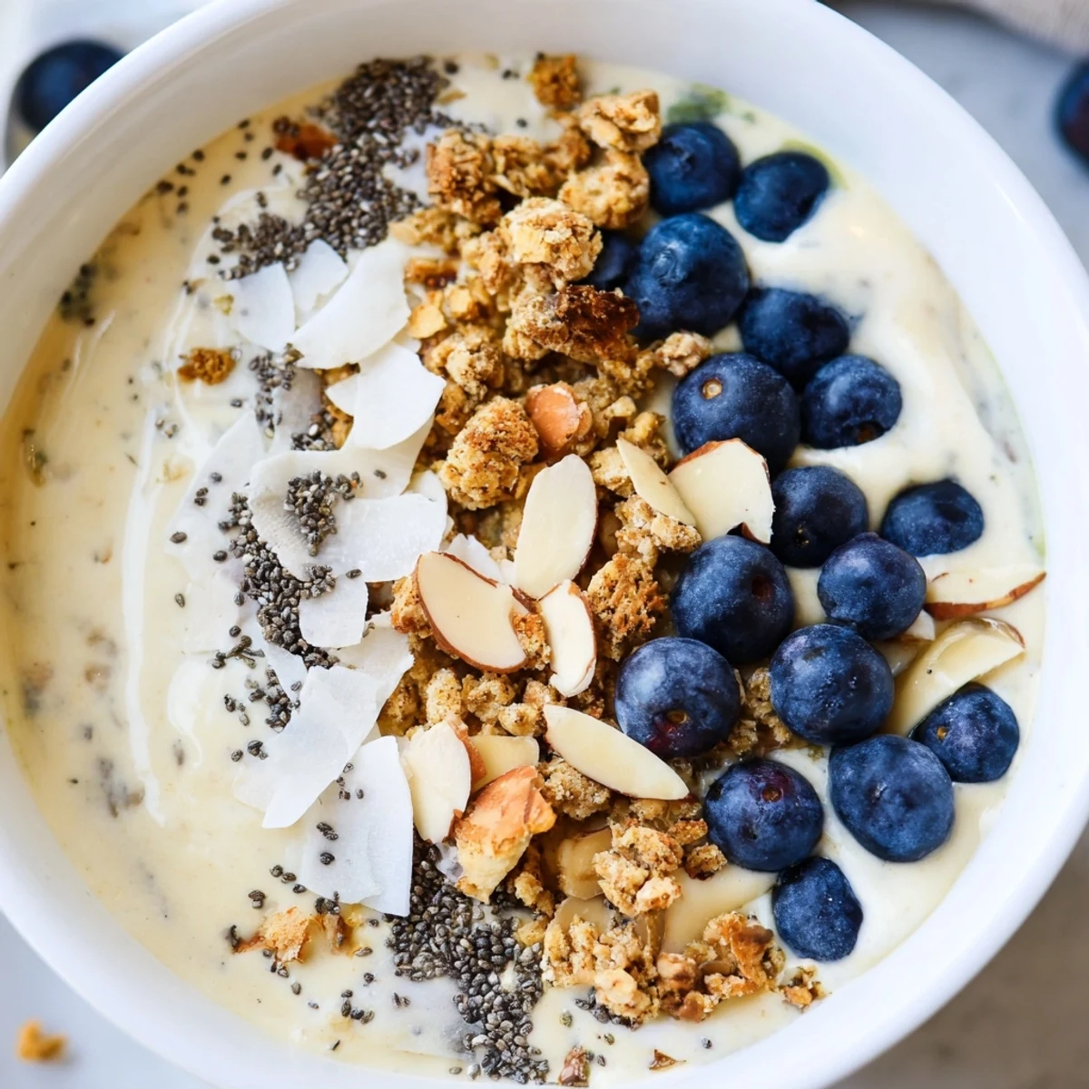 A vibrant Lemon Blueberry Smoothie Bowl topped with fresh berries, crunchy granola, and sliced almonds in a ceramic bowl.