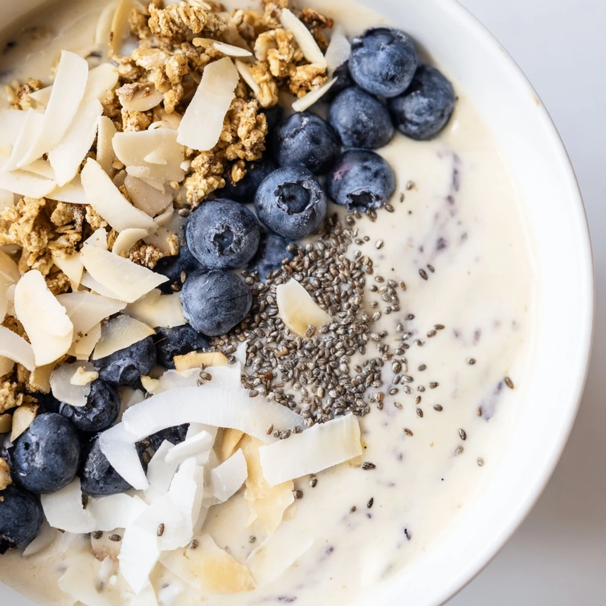 Close-up of a thick Lemon Blueberry Smoothie Bowl garnished with coconut flakes and chia seeds on a marble countertop.