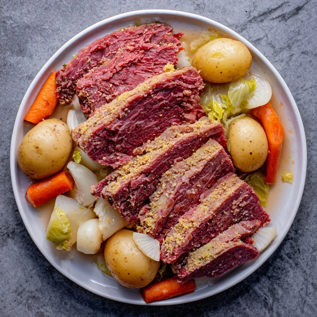 Golden slices of tender corned beef pot roast arranged beside glazed carrots and buttery potatoes, served in a rustic ceramic bowl with broth.  