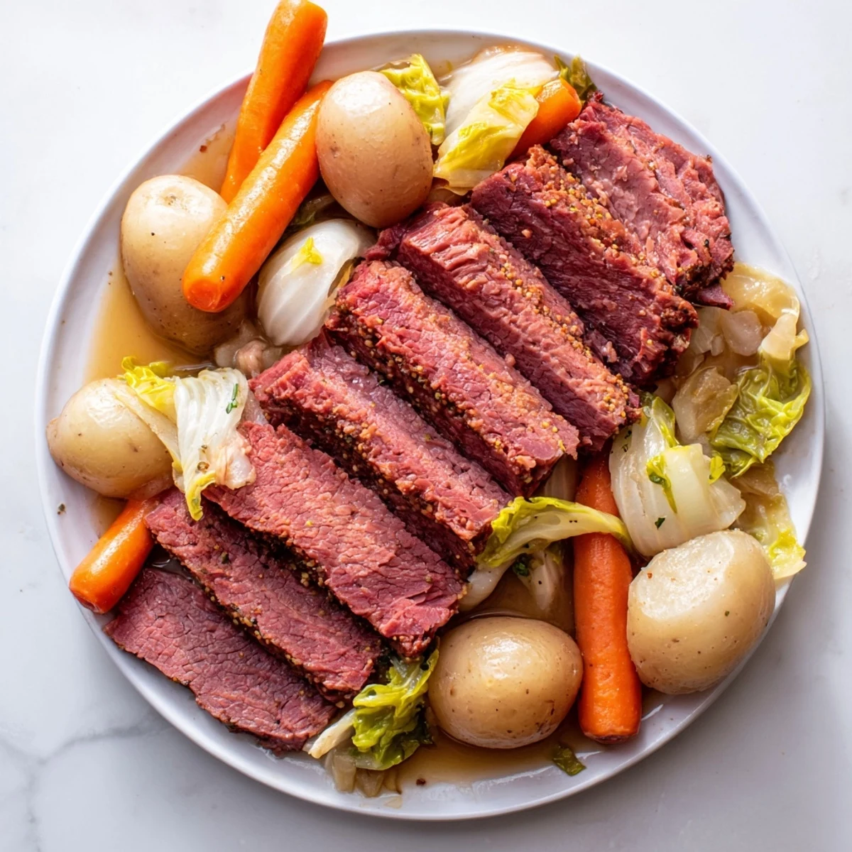 A hearty corned beef pot roast with cabbage wedges and root vegetables simmered in a savory, aromatic broth, perfect for a cozy dinner.  