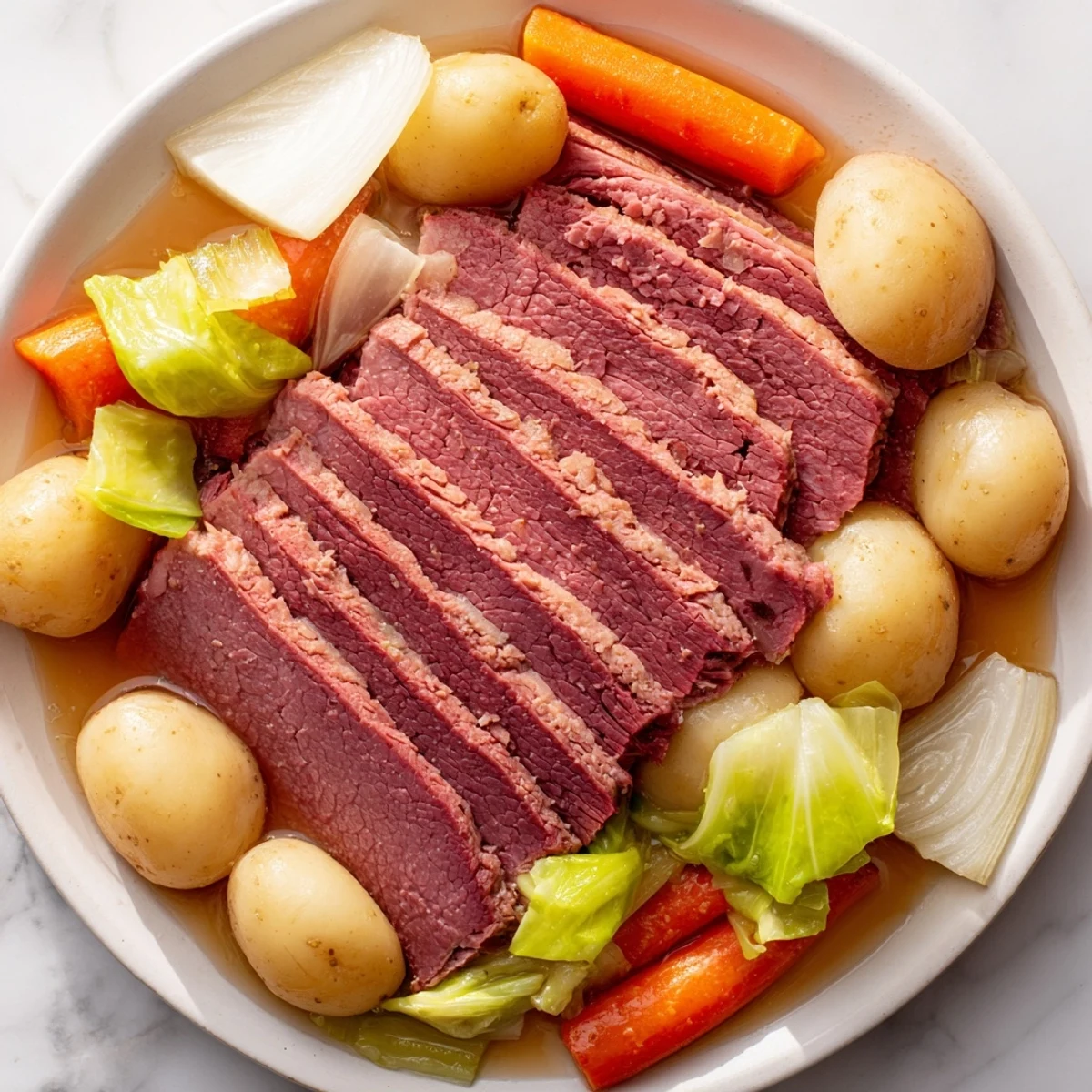 Close-up of a Corned Beef Pot Roast with seasoned meat, baby potatoes, and carrots, garnished with fresh herbs on a wooden table.