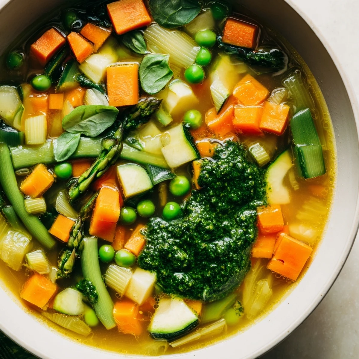 A close-up of a vibrant Spring Vegetable Soup with Pesto, featuring tender asparagus and peas swimming in a bright green broth.