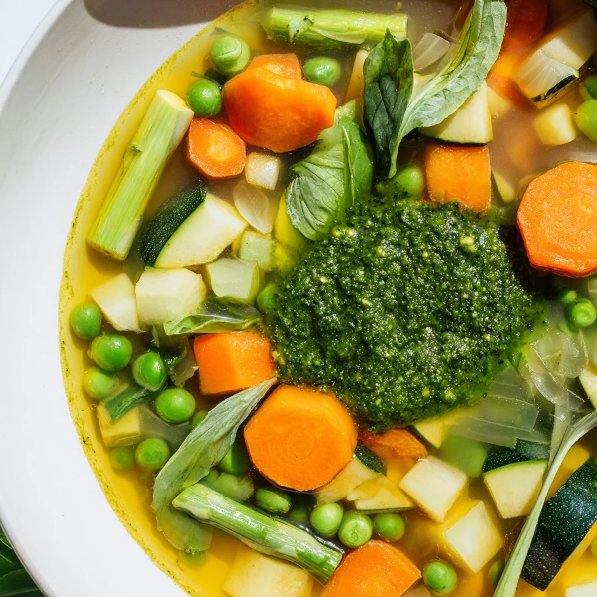 Spring Vegetable Soup with Pesto served in a rustic ceramic bowl, paired with crusty bread for dipping.