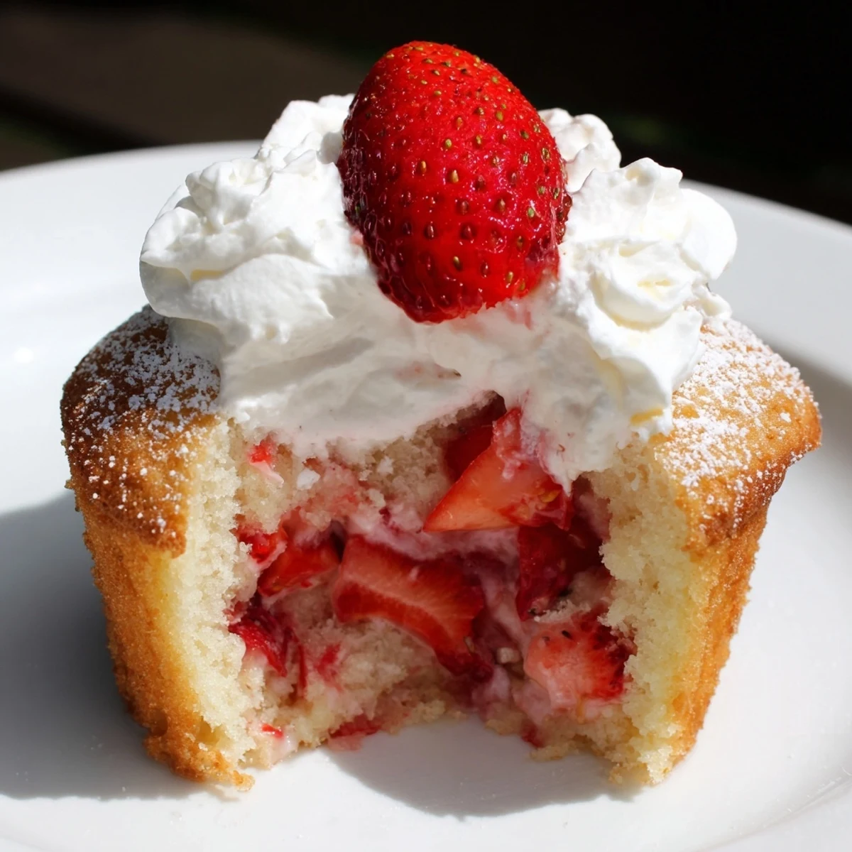 Fluffy vanilla Strawberry Shortcake Cupcakes topped with whipped cream and fresh strawberry garnish on a rustic plate.
