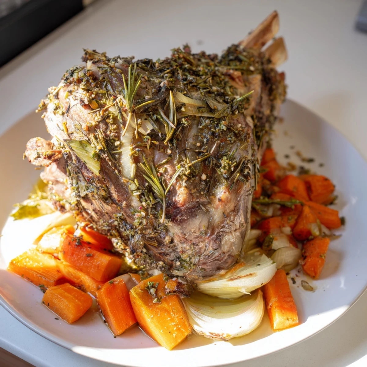 Juicy herb-crusted lamb shoulder fresh from the oven, displayed with roasted carrots and onions on a dark serving platter for family-style dining.
