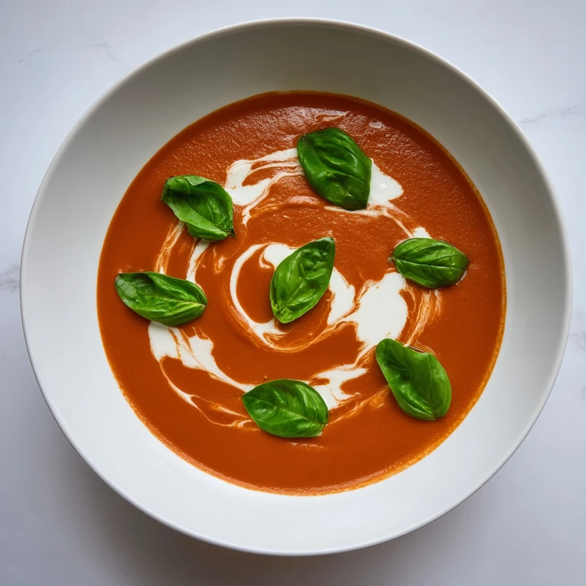 A bowl of creamy tomato soup with basil garnish, paired with a grilled cheese sandwich for dipping.