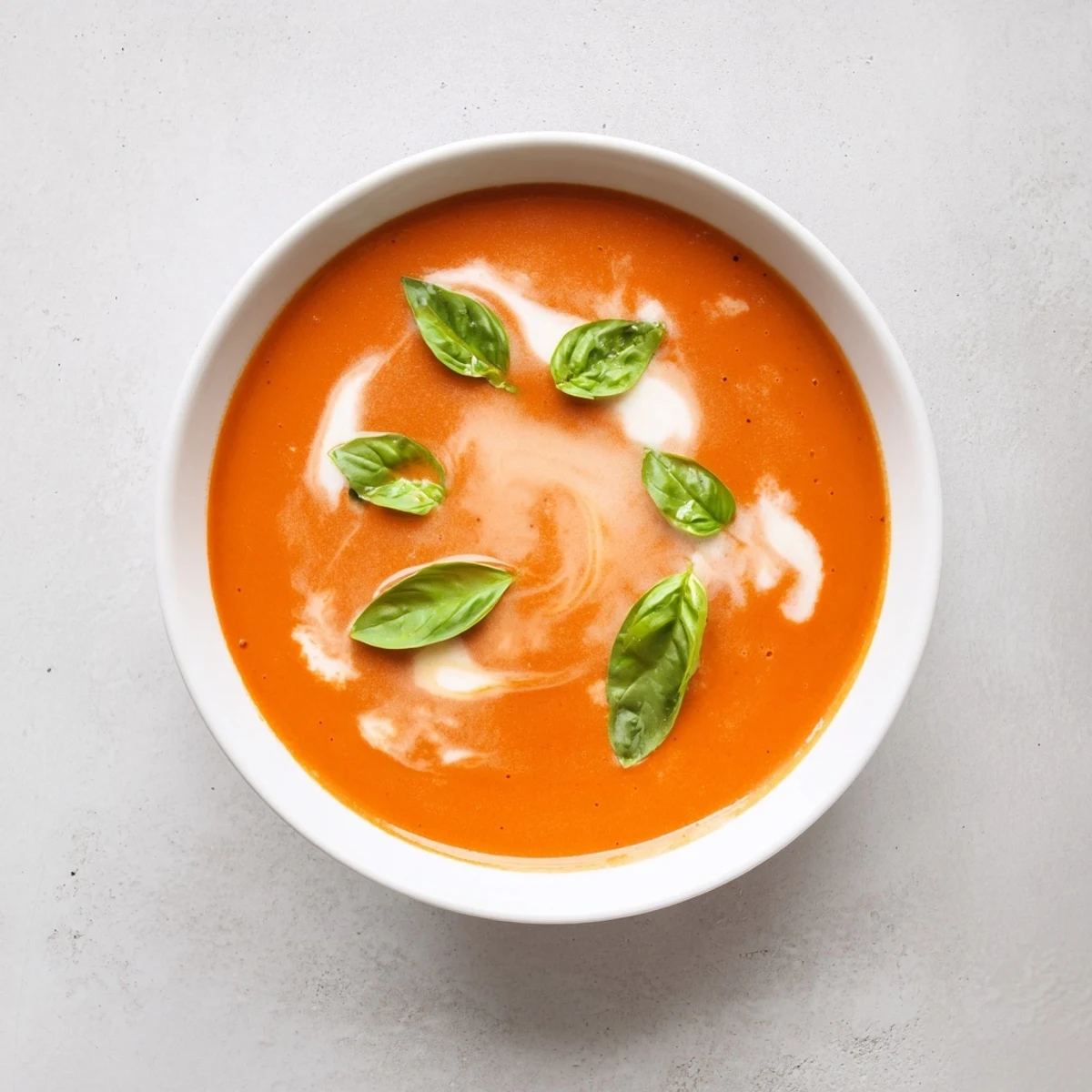 Velvety creamy tomato soup with basil swirled with fresh cream and topped with basil ribbons.