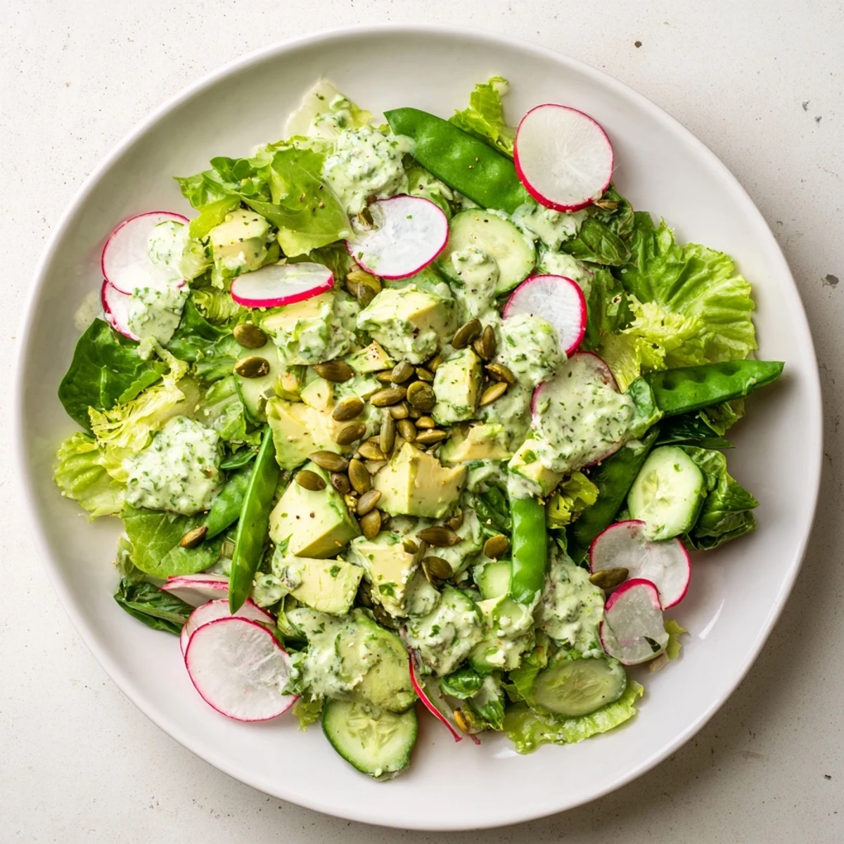 A vibrant Green Goddess Salad with creamy avocado, crisp romaine, and crunchy pepitas, drizzled with bright, herby dressing.  