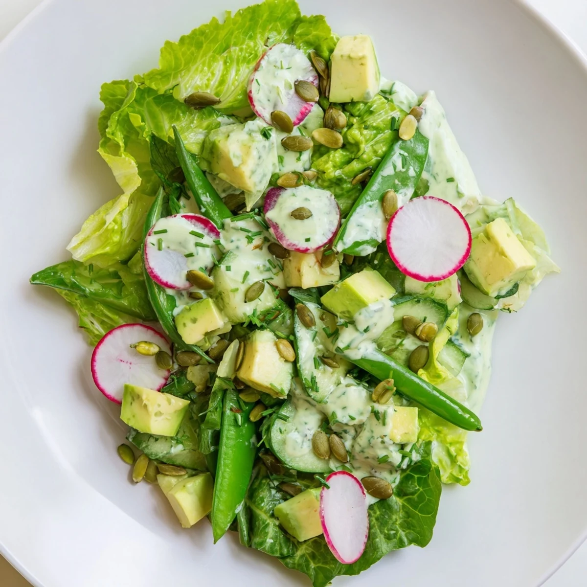 This colorful Green Goddess Salad features juicy avocado, crisp cucumbers, and a cool, creamy herb dressing perfect for lunch.
