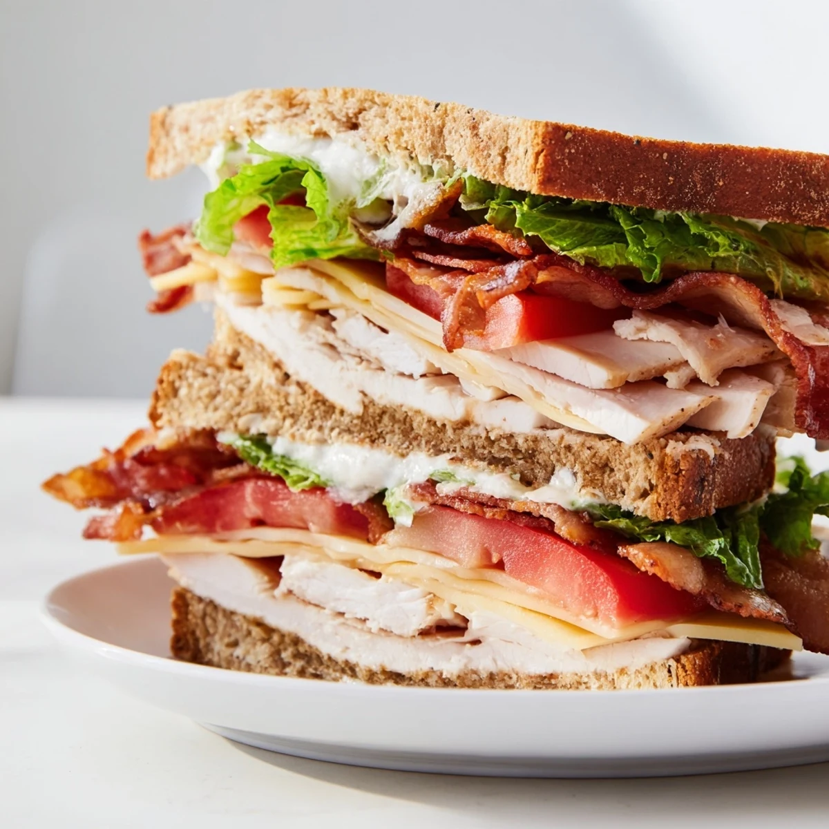 Crispy turkey bacon and roasted turkey layered with fresh lettuce, tomato, and Swiss cheese in the Turkey Club Sandwich.