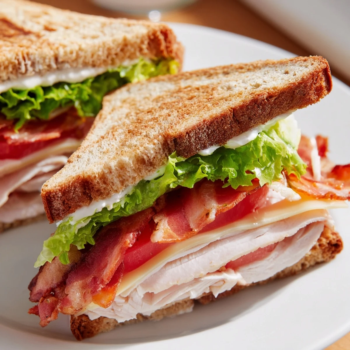A close-up view of the toasted whole wheat bread halves, showing the juicy layers and creamy mayonnaise spread.