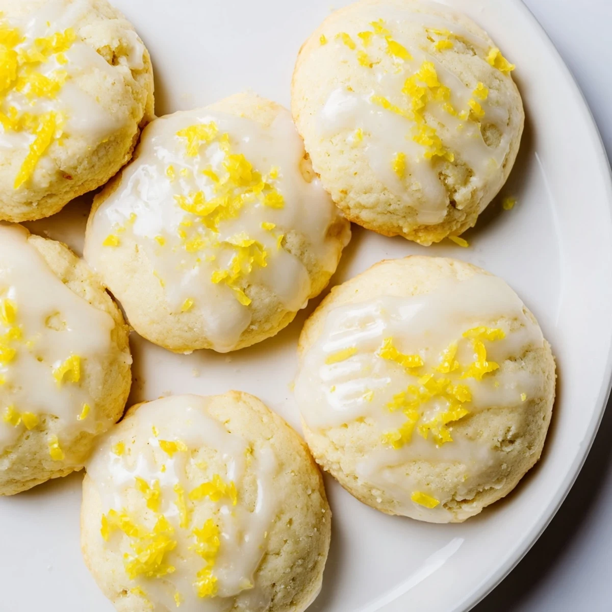 A close-up of Lemon Ricotta Cookies with Glaze showing a soft, pillowy texture and a bright, tangy citrus drizzle, perfect for spring gatherings.