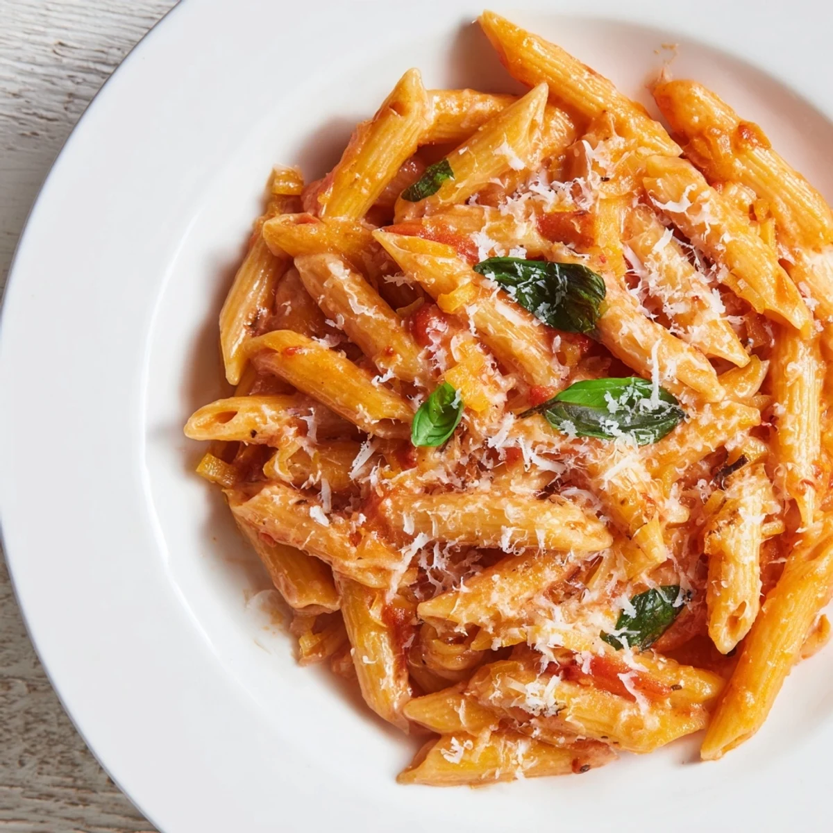 Creamy tomato pasta with fresh basil piled high in a bowl, garnished with torn basil and grated Parmesan, ready to serve.