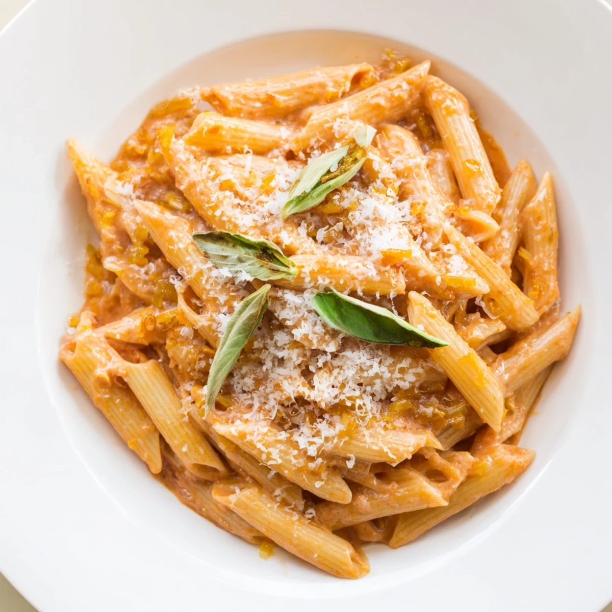 A steaming skillet of creamy tomato pasta with fresh basil, releasing rich aromas of garlic and slow-simmered tomatoes on a rustic table.