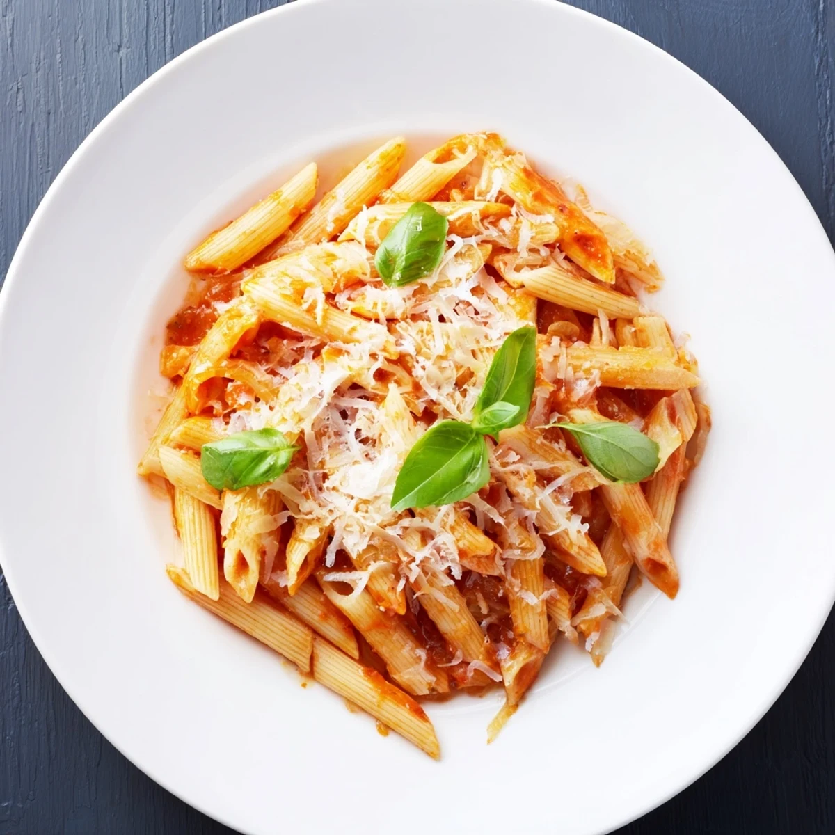 Overhead view of creamy tomato pasta with fresh basil twirled on a fork, drizzled with extra virgin olive oil and extra Parmesan.