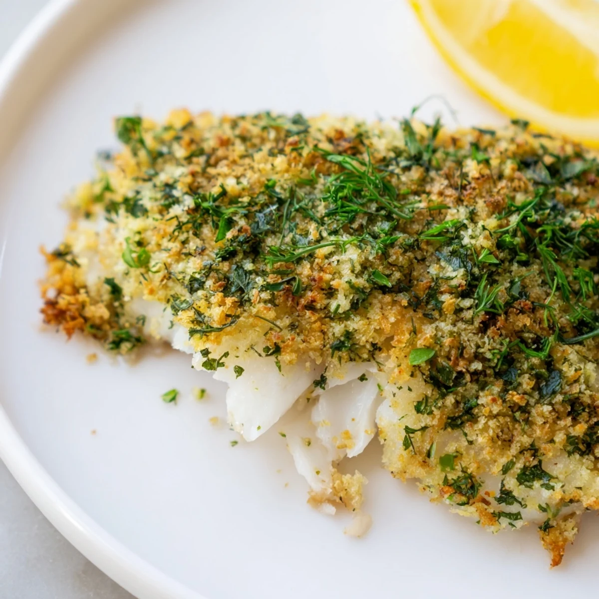 Golden baked hake with lemon and herb crust on a white plate, garnished with fresh parsley and lemon wedges.
