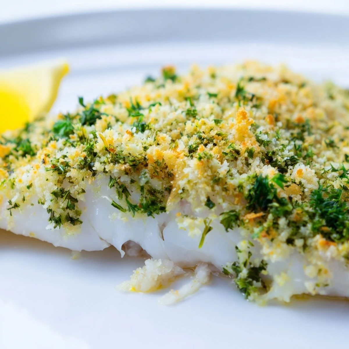 A close-up of baked hake with lemon and herb crust, showing a crispy topping next to steamed green beans.