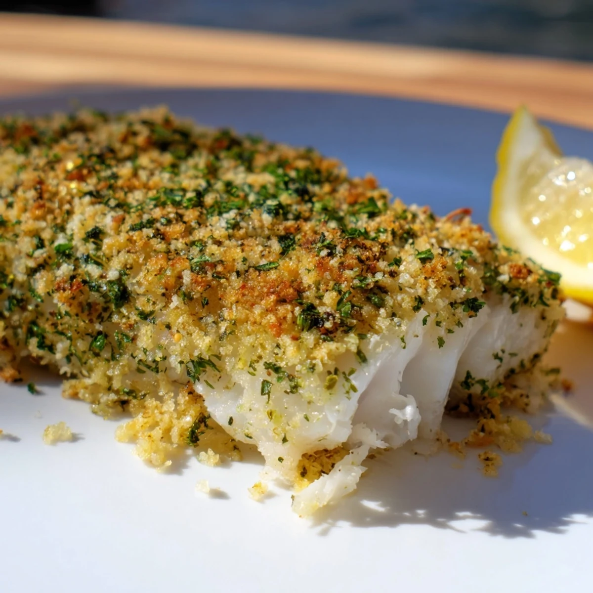 Baked hake with lemon and herb crust served with roasted potatoes and lemon wedges on a rustic table.