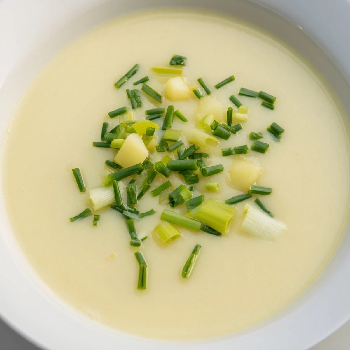 Steaming bowl of creamy potato and leek soup garnished with fresh chives.