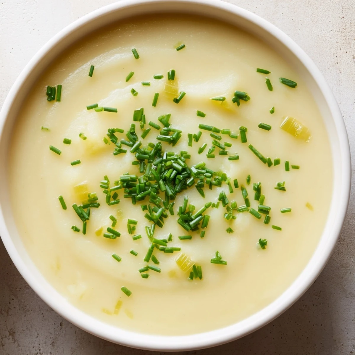 Close-up of velvety creamy potato and leek soup with a drizzle of heavy cream.