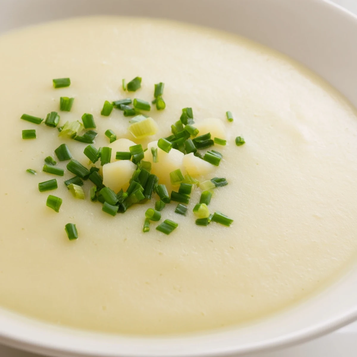 A ladle pours into a bowl of creamy potato and leek soup served with crusty bread.