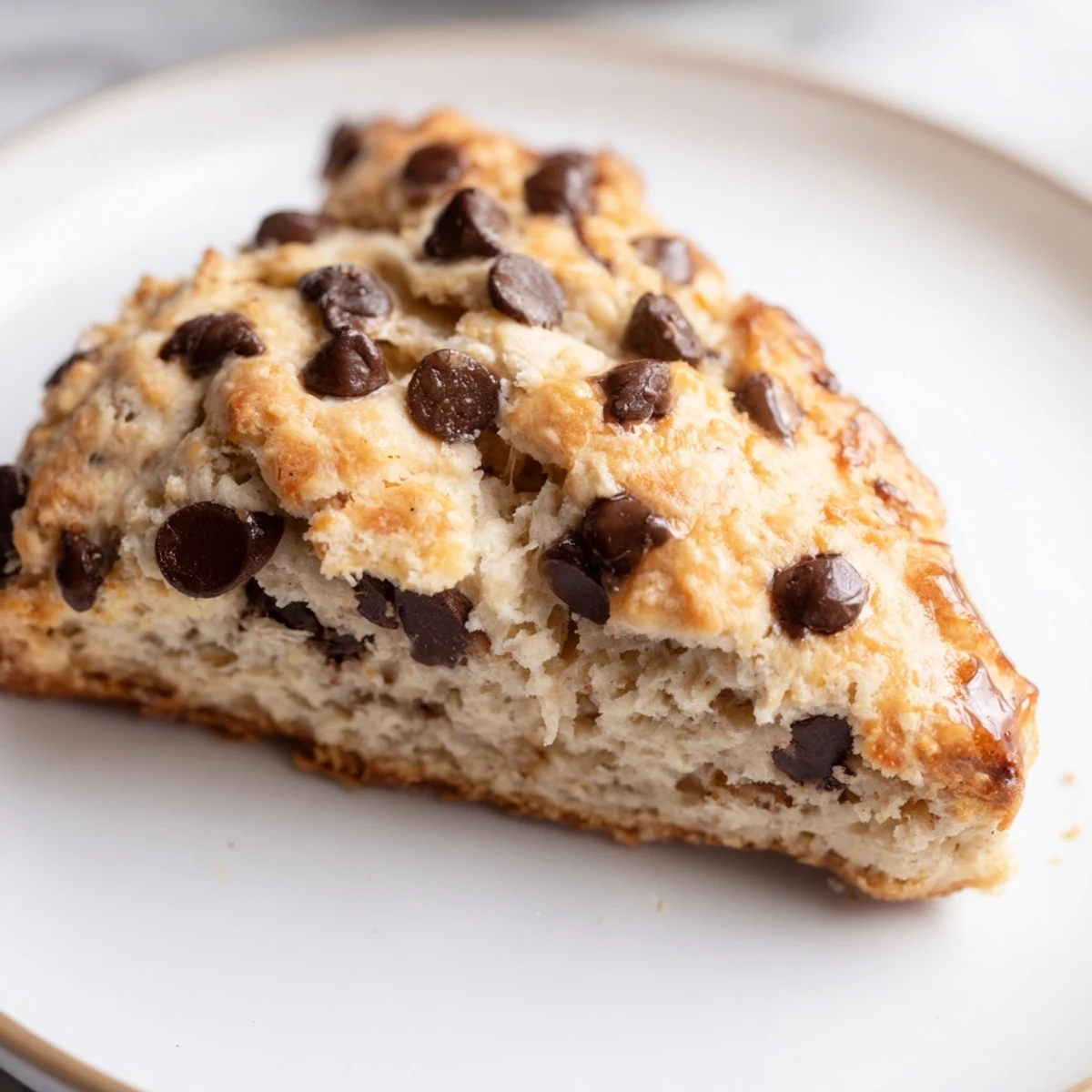 A close-up view of warm Chocolate Chip Scones shows a crumbly texture and a drizzle of heavy cream nearby.