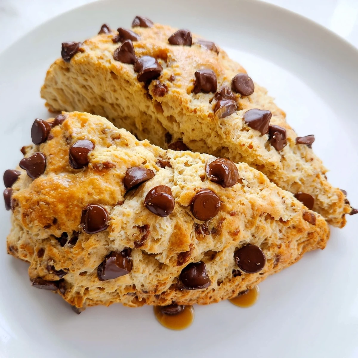 Golden-brown Chocolate Chip Scones are arranged on a wire cooling rack with melted chocolate chips visible.