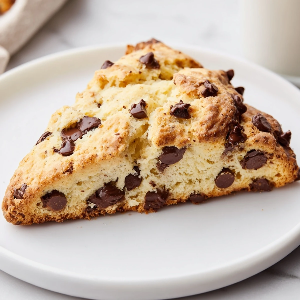 Freshly baked Chocolate Chip Scones sit on a wooden board, perfect for a breakfast or afternoon treat.